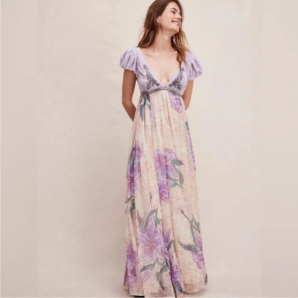 Free People Colette Maxi Dress Size 8 Mauve Fairy Embroidery Floral Skirt Fairy - Picture 10 of 10